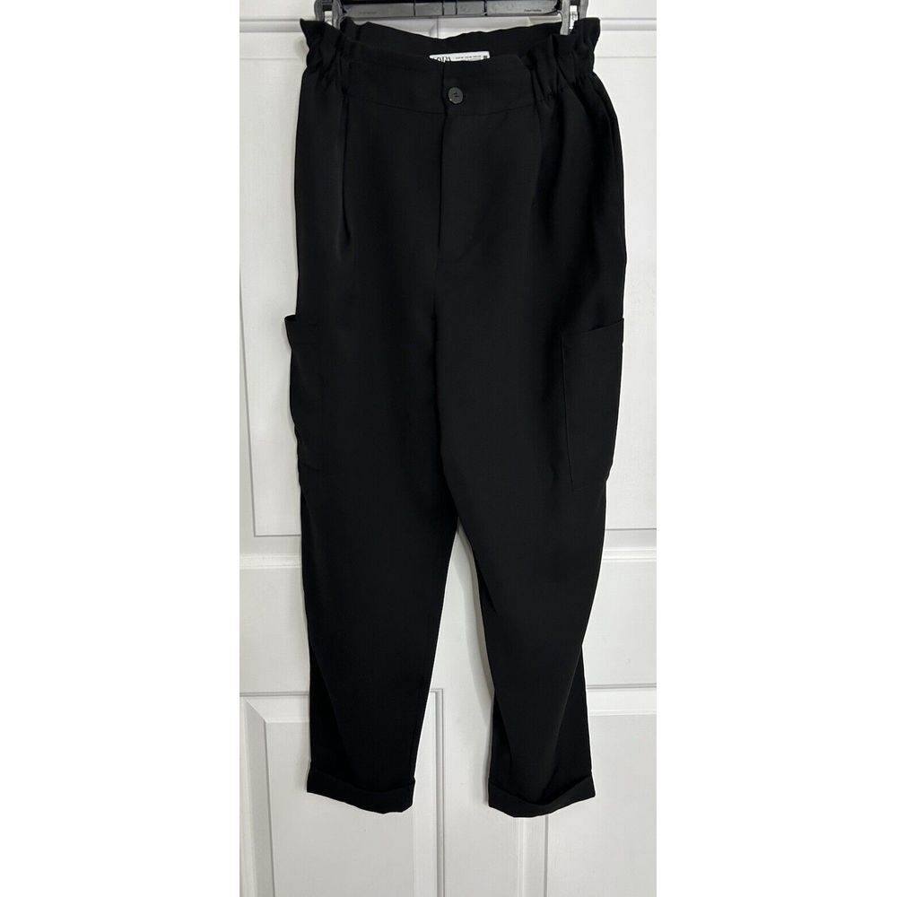 Zara Cargo Trouser Pants Women's 4 Straight Fit Black High Waist Cuffed
